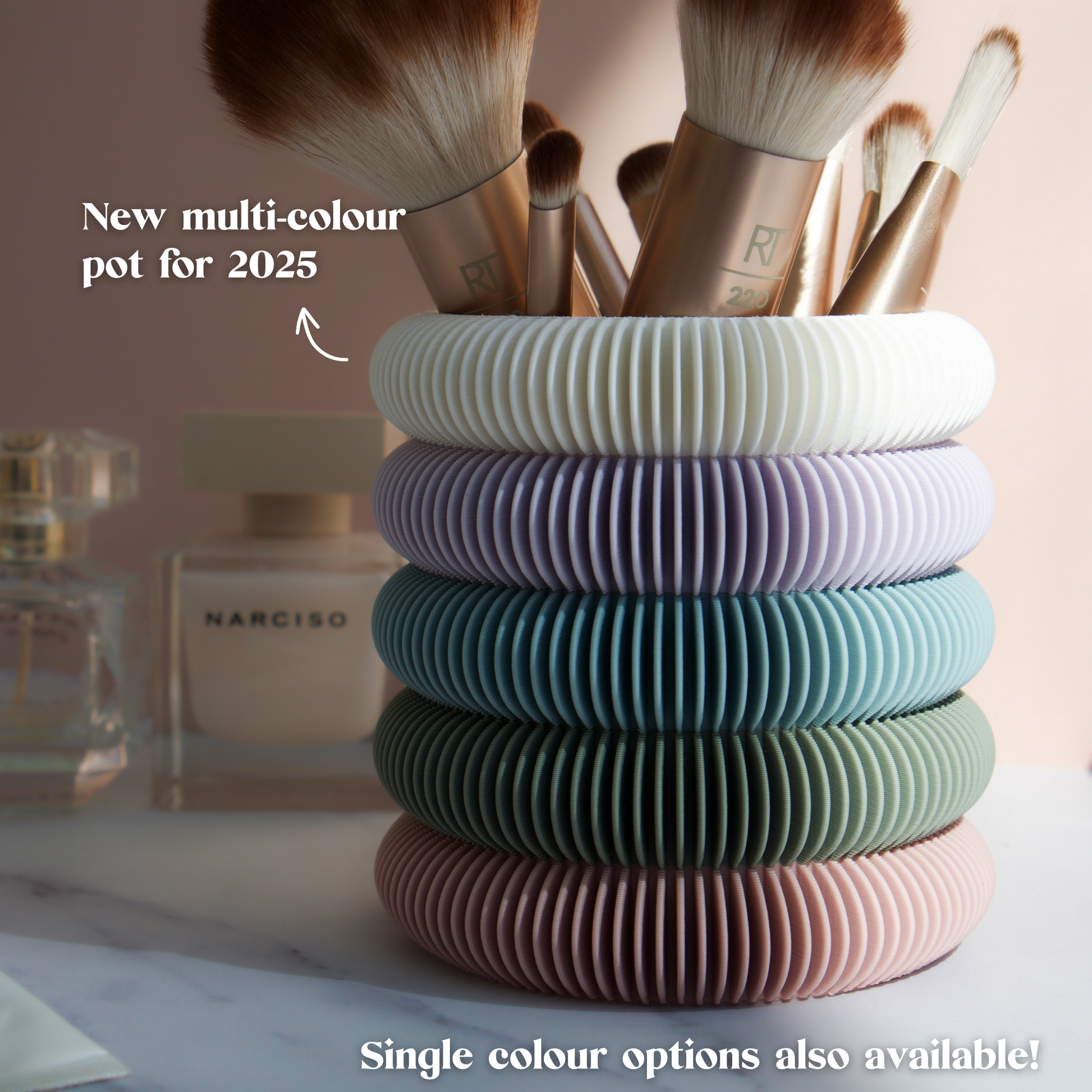 Close-up of 3D printed pastel makeup brush pot in new multi-colour 2025 version with makeup brushes – handmade organiser by Moonkind Studios