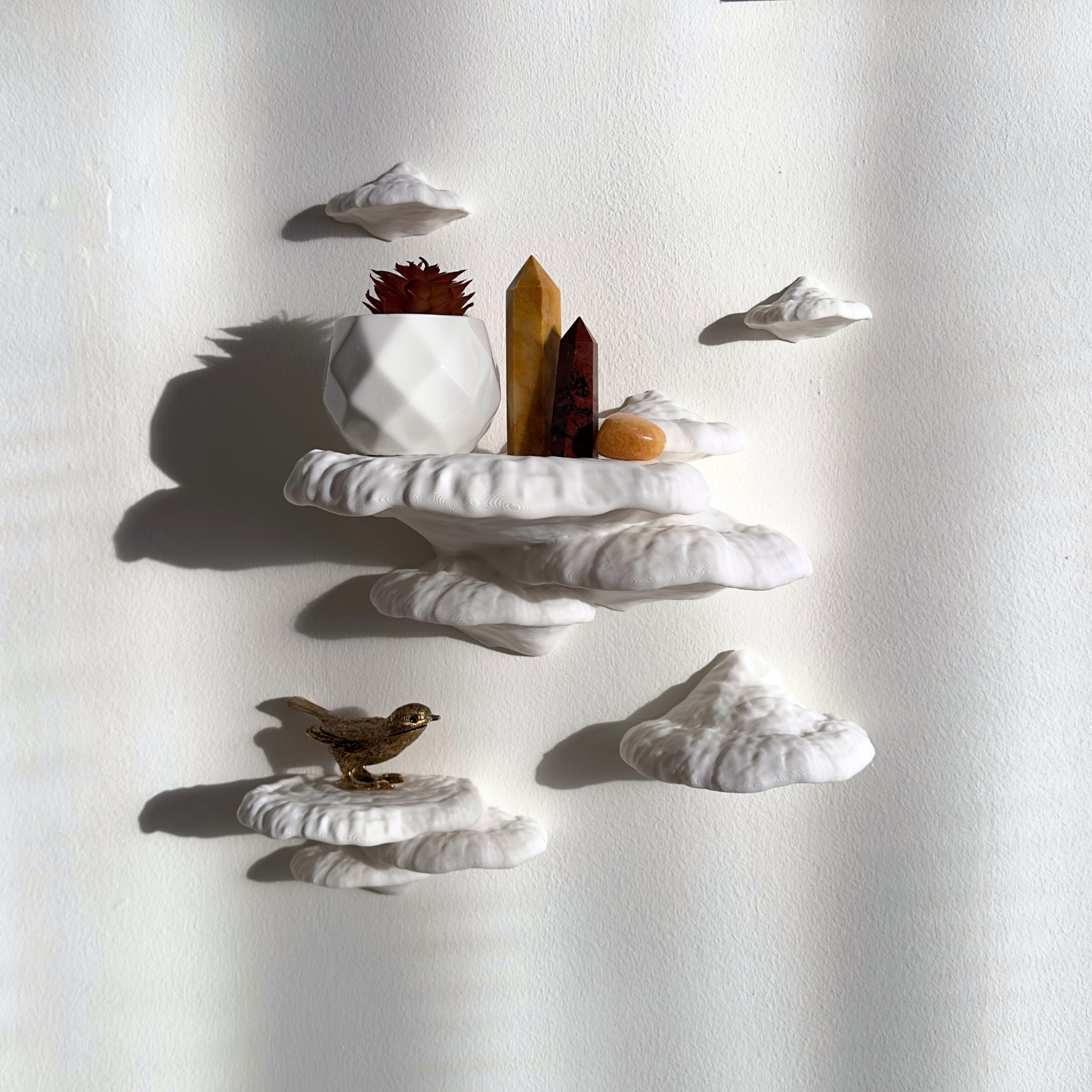 mushroom wall shelves set in white 3D printed home decor for your cottage or fairy core home