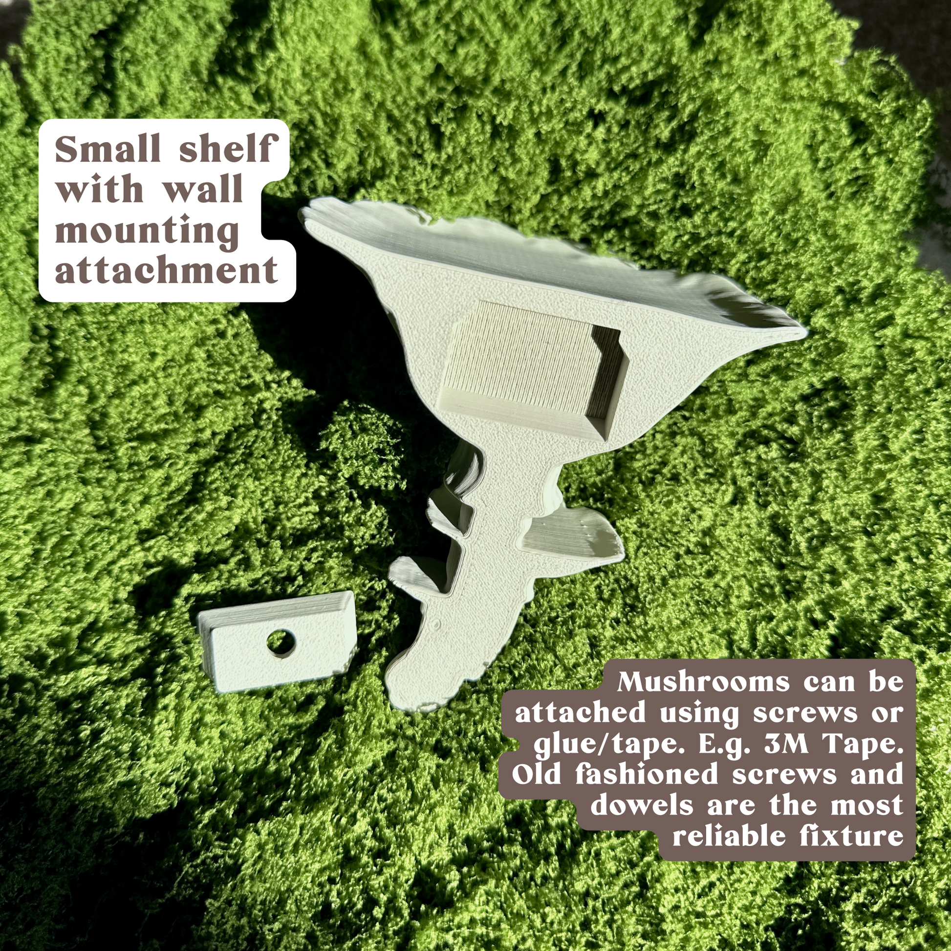 Small amanita mushroom shelf with wall mounting attachment on a green textured background