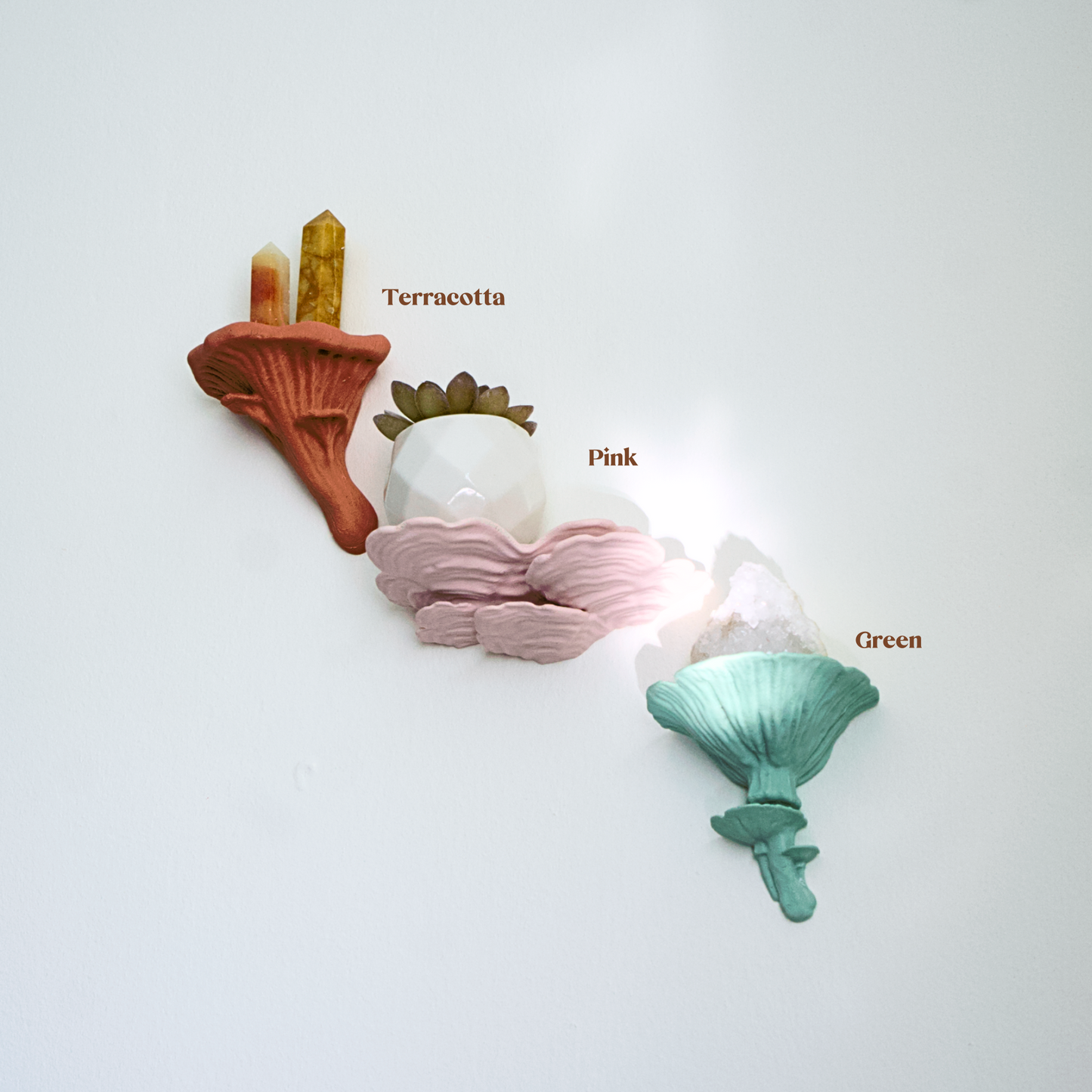 Three mushroom wall shelves in pastel pink, green, and orange on a white background.