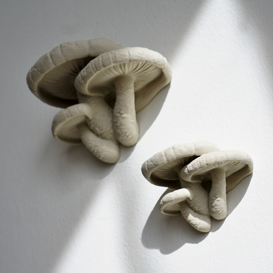 3D printed shiitake mushroom decor wall shelves. Shown in a khaki cream colour they can give your home decor that fairycore vibe