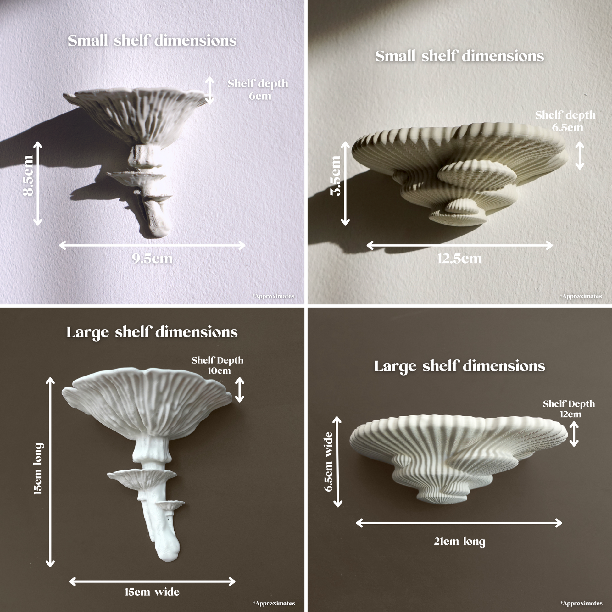 Our amanita and tinder mushrooms in small and large. Text shows specific dimensions.
